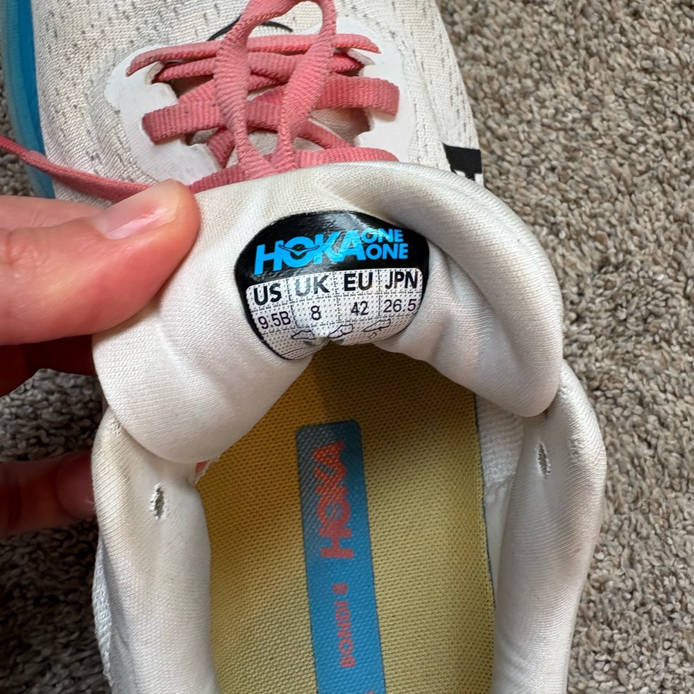 Hoka White Bondi 8 Sneaker with Blue Gradient Midsole and Pink Laces - Picture 4 of 4